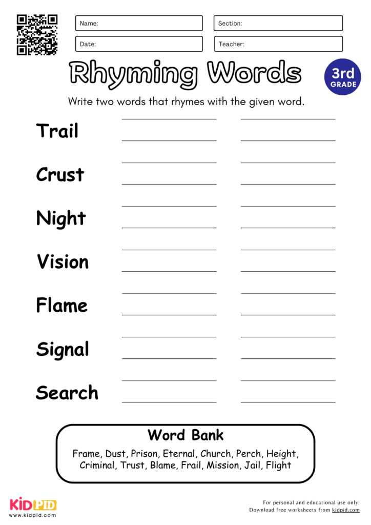 Find the Rhyming Words Worksheet for Grade 3