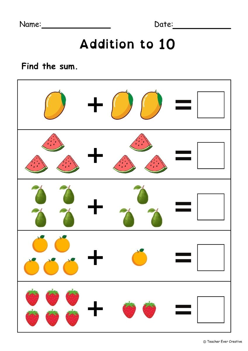 Free Addition up to 10 Worksheets for Preschool Kindergarten First Grade SPED