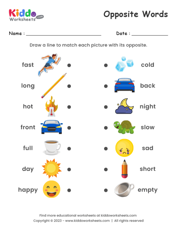 Free Printable Matching Opposite words Worksheet - kiddoworksheets