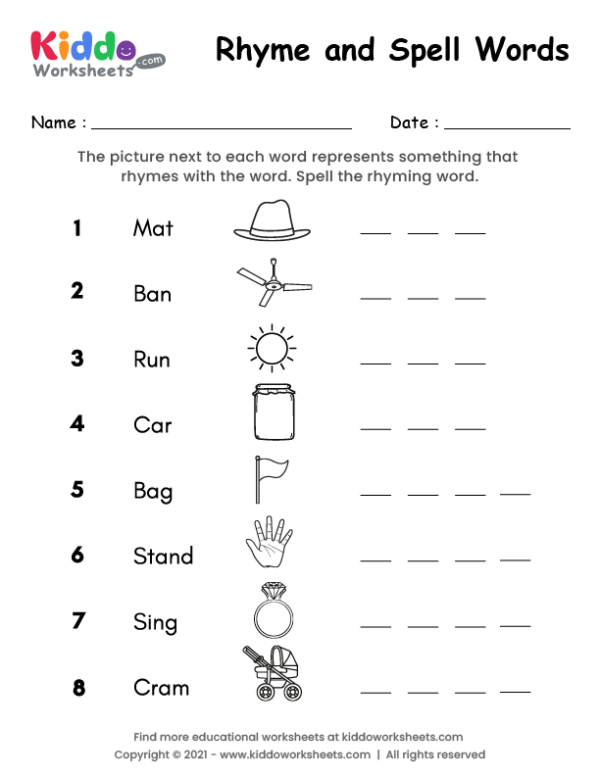 Free Printable Rhyme and Spell Words Worksheet - kiddoworksheets