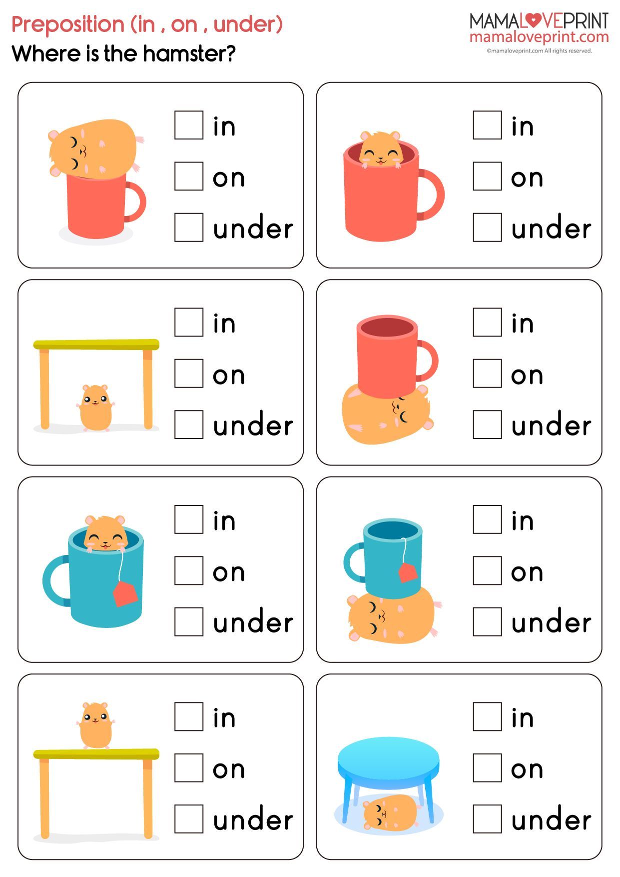 Grade 1 English Worksheets: Prepositions (Level 1: In On Under) and (Level 2: In front of Behind