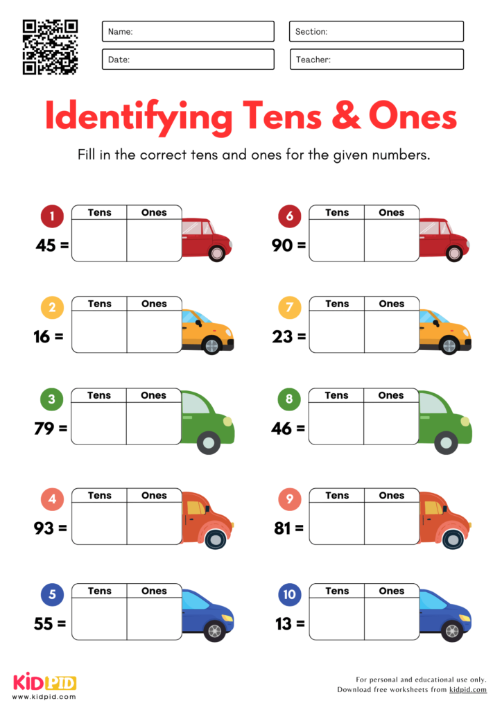 Identifying Tens & Ones Worksheets For Grade 1