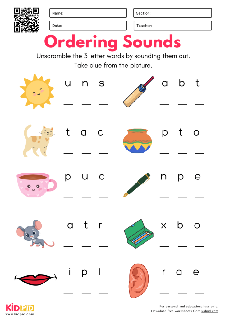 Jumbled Letters Phonemes Worksheets for Kindergarten - Kidpid