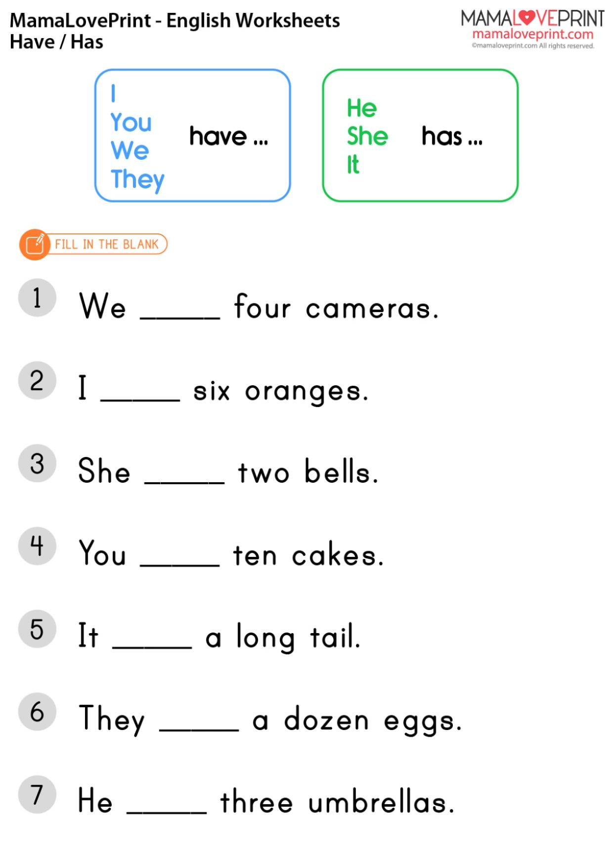 MamaLovePrint . Grade 1 English Worksheets . Basic Grammar (Have / Has) PDF Free Download