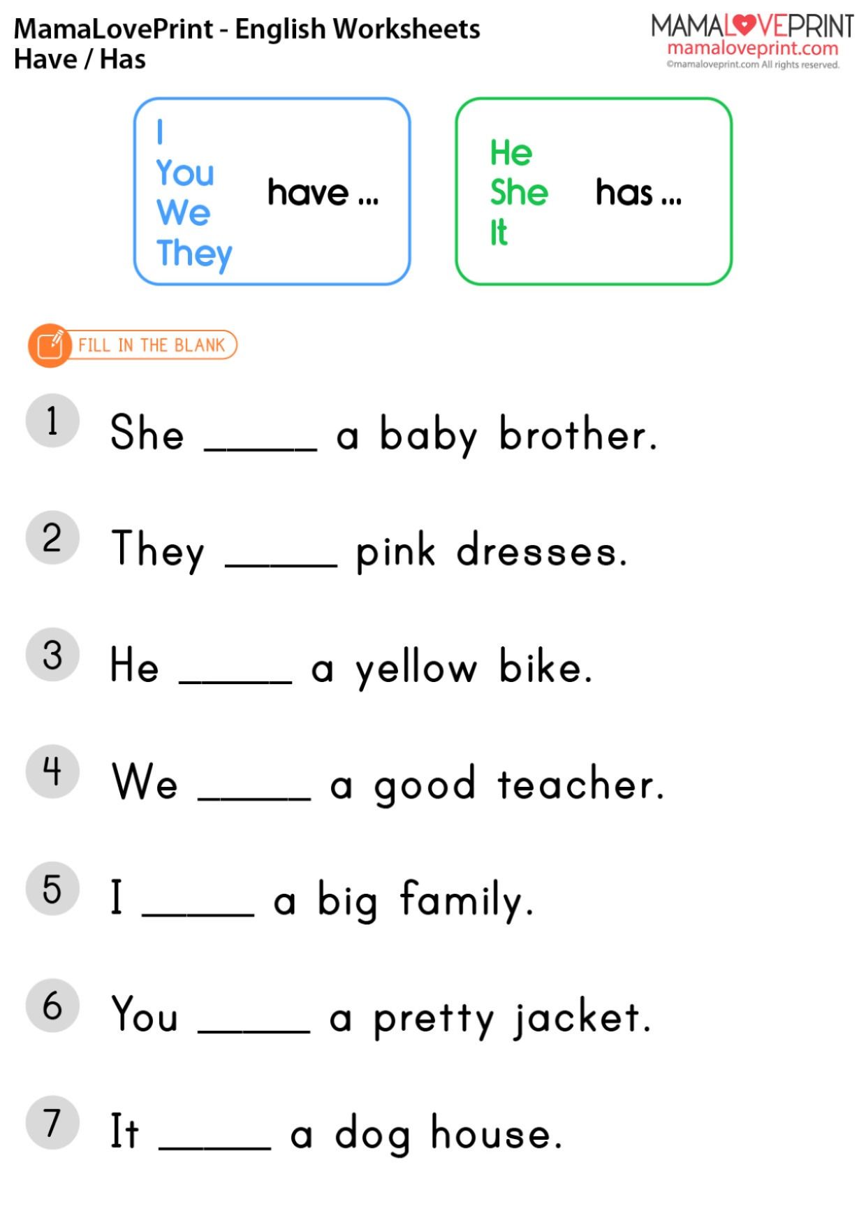 MamaLovePrint . Grade 1 English Worksheets . Basic Grammar (Have / Has) PDF Free Download