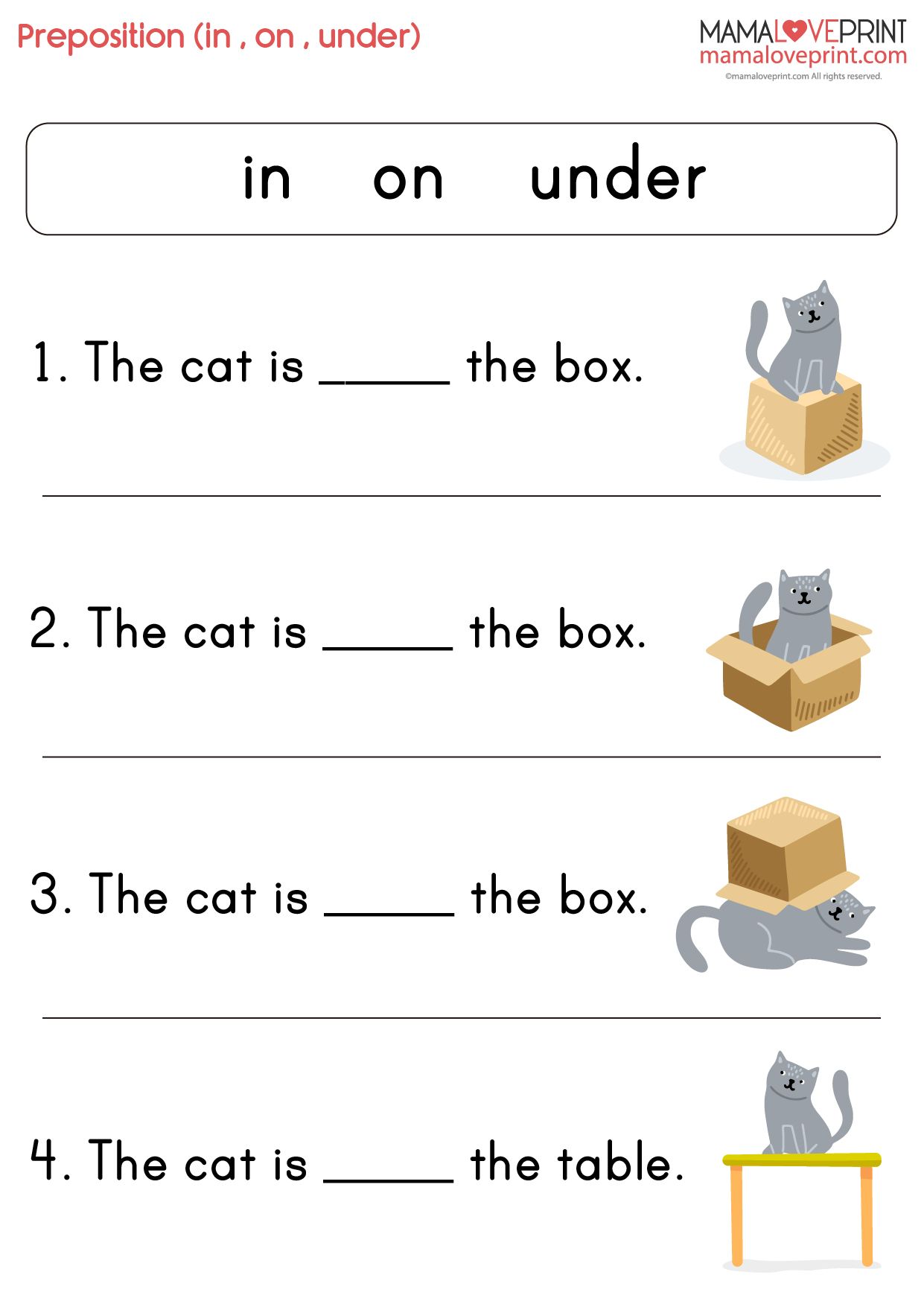 MamaLovePrint . Grade 1 English Worksheets . Prepositions (Level 1 : In On Under) (Level 2 : In fro