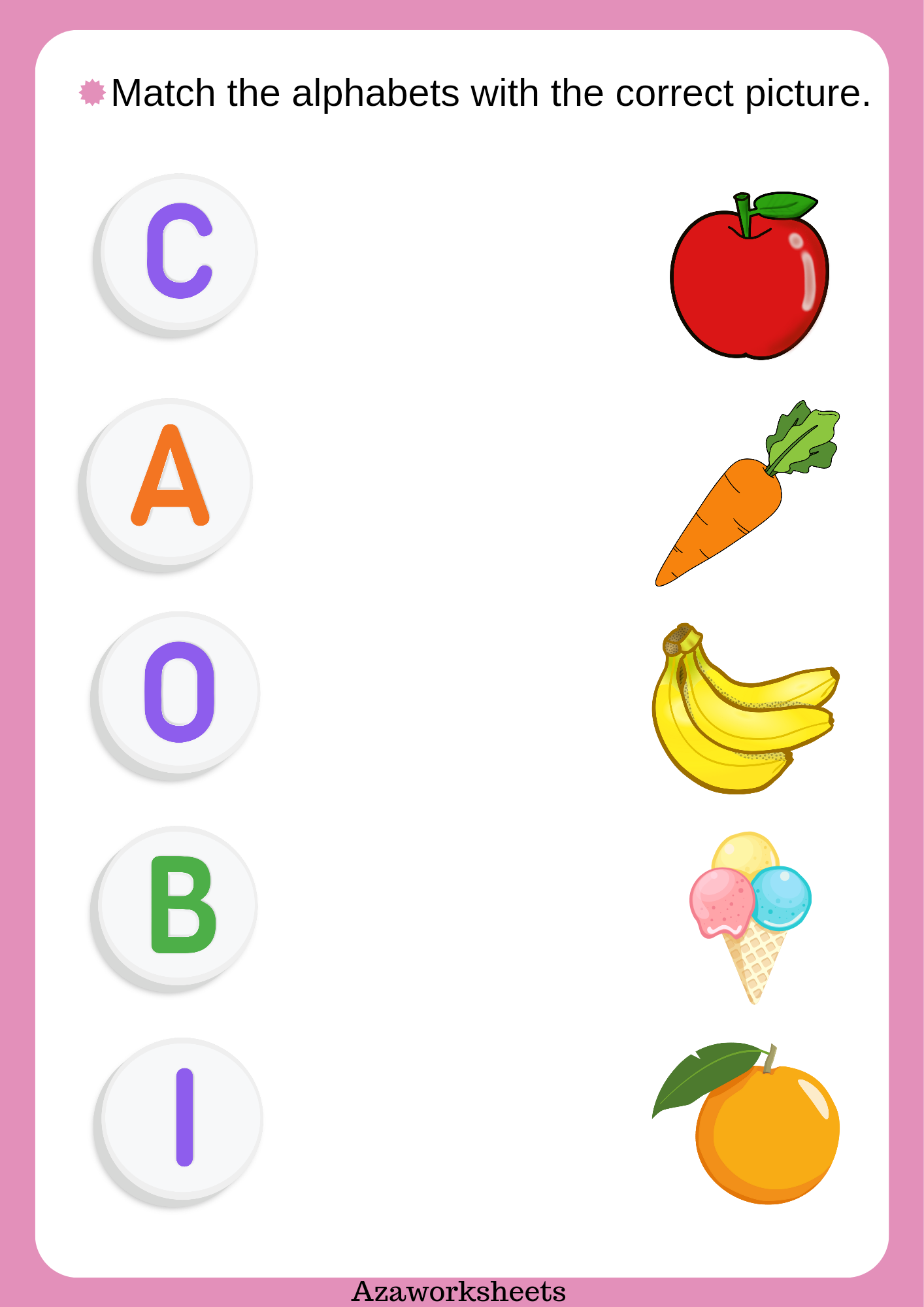 Match the alphabet with the correct picture. Worksheets for preschoolers and kindergarten students.