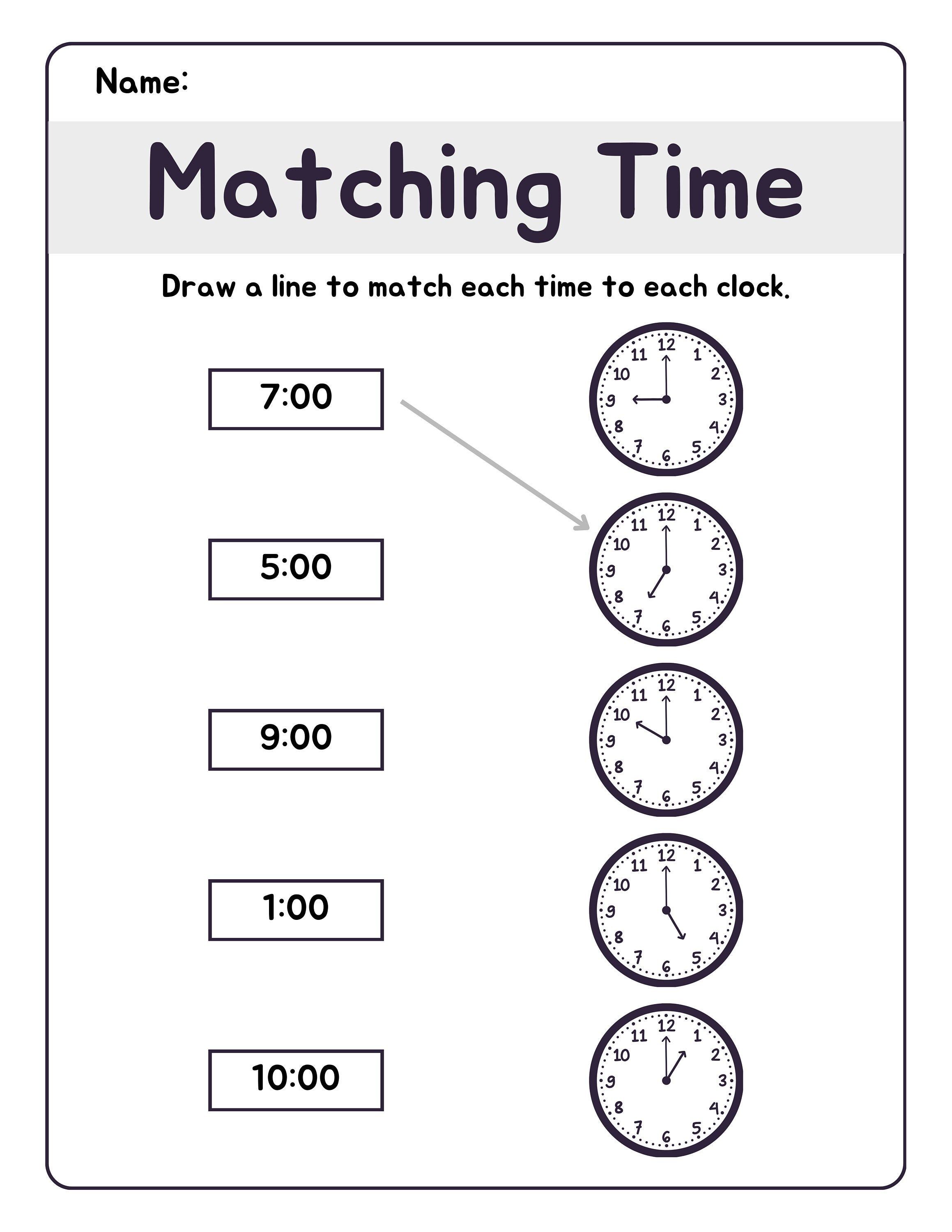 Matching Time Clock School Assignment Printable Instant Digital Download PDF