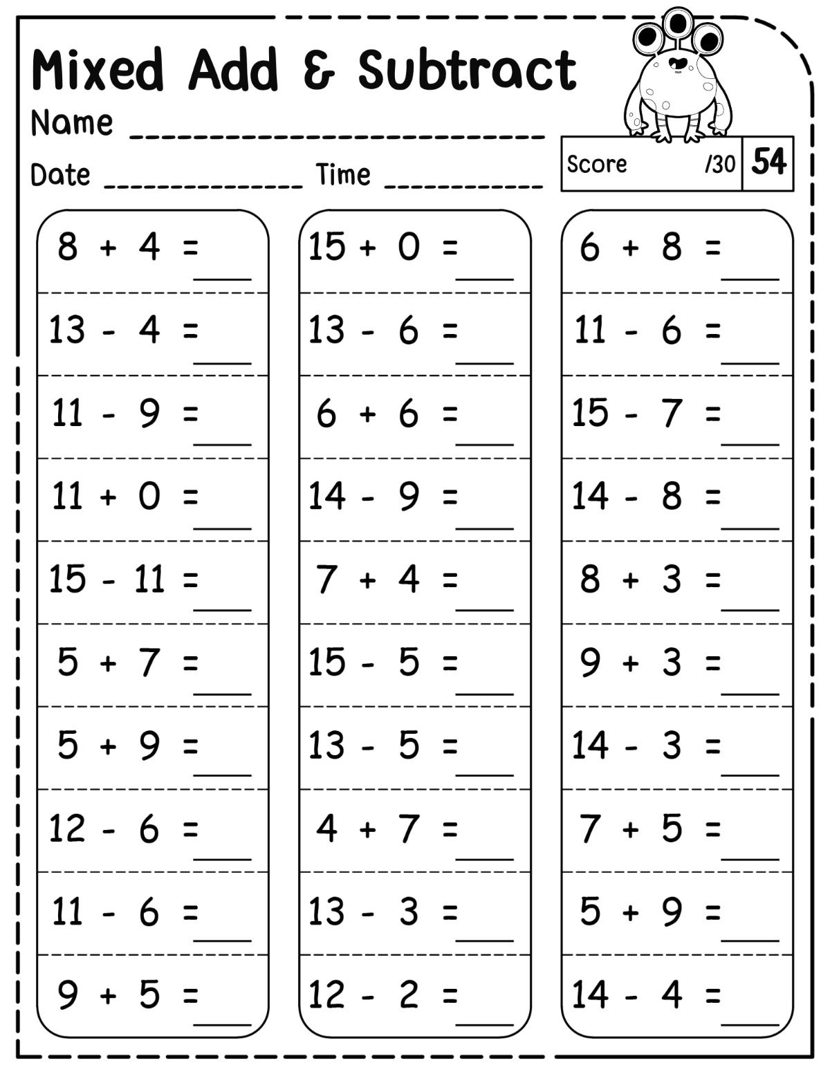 Math drills addition Math drills subtraction Adding and subtracting to 20 worksheets