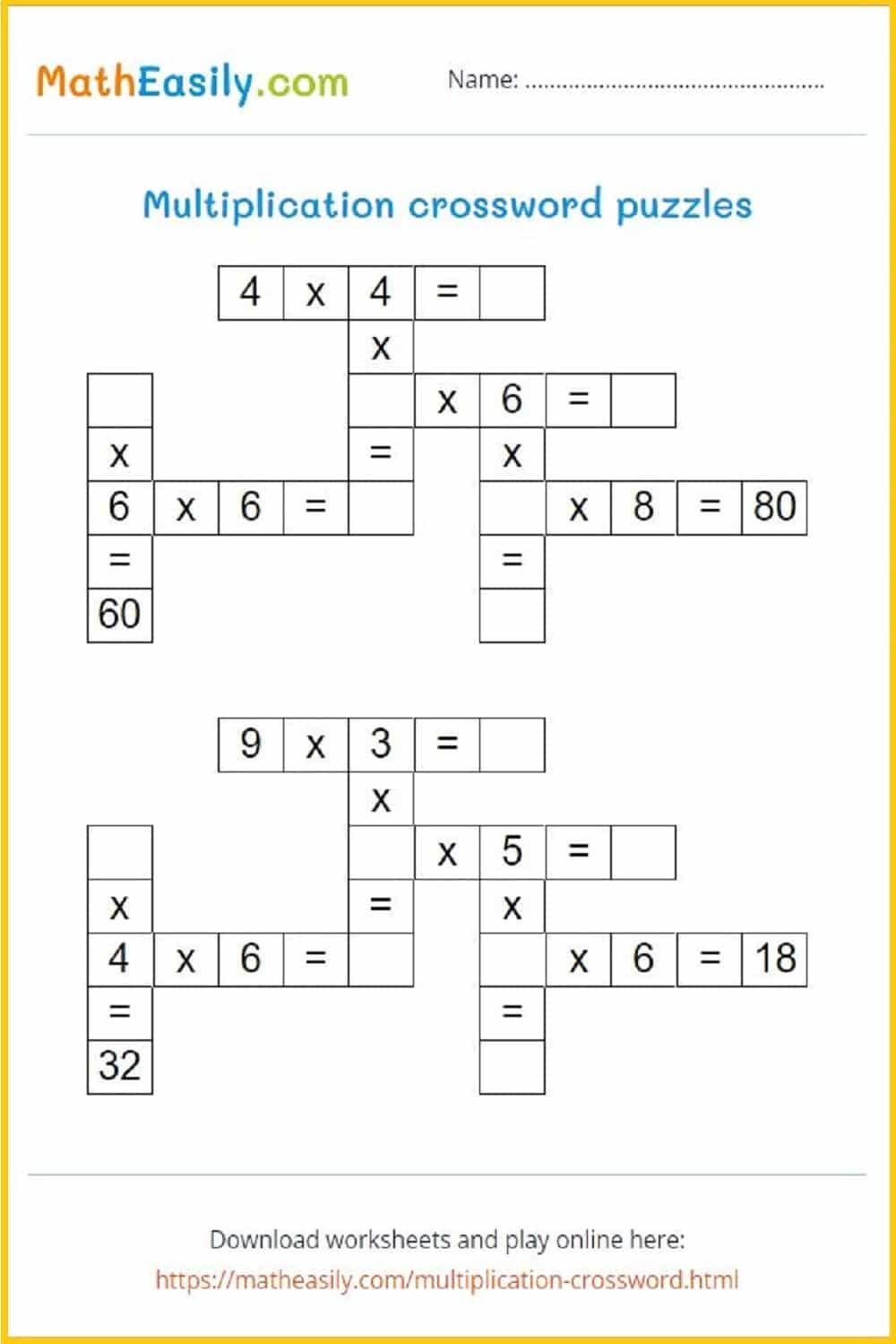 Multiplication crossword puzzles | printable