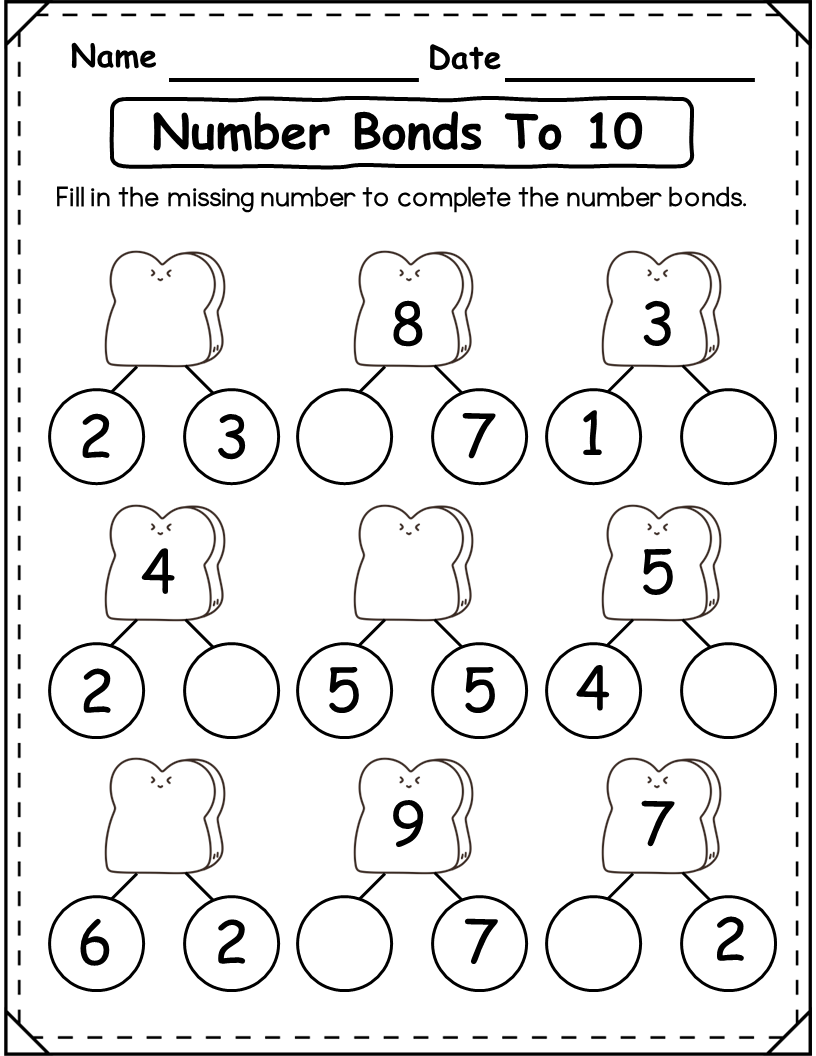 Number Bonds to 10 and 20 Math Worksheets