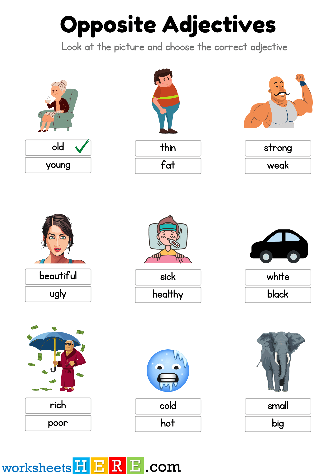 Opposite Adjectives Exercises With Pictures PDF Worksheet For Kids - WorksheetsHere.com