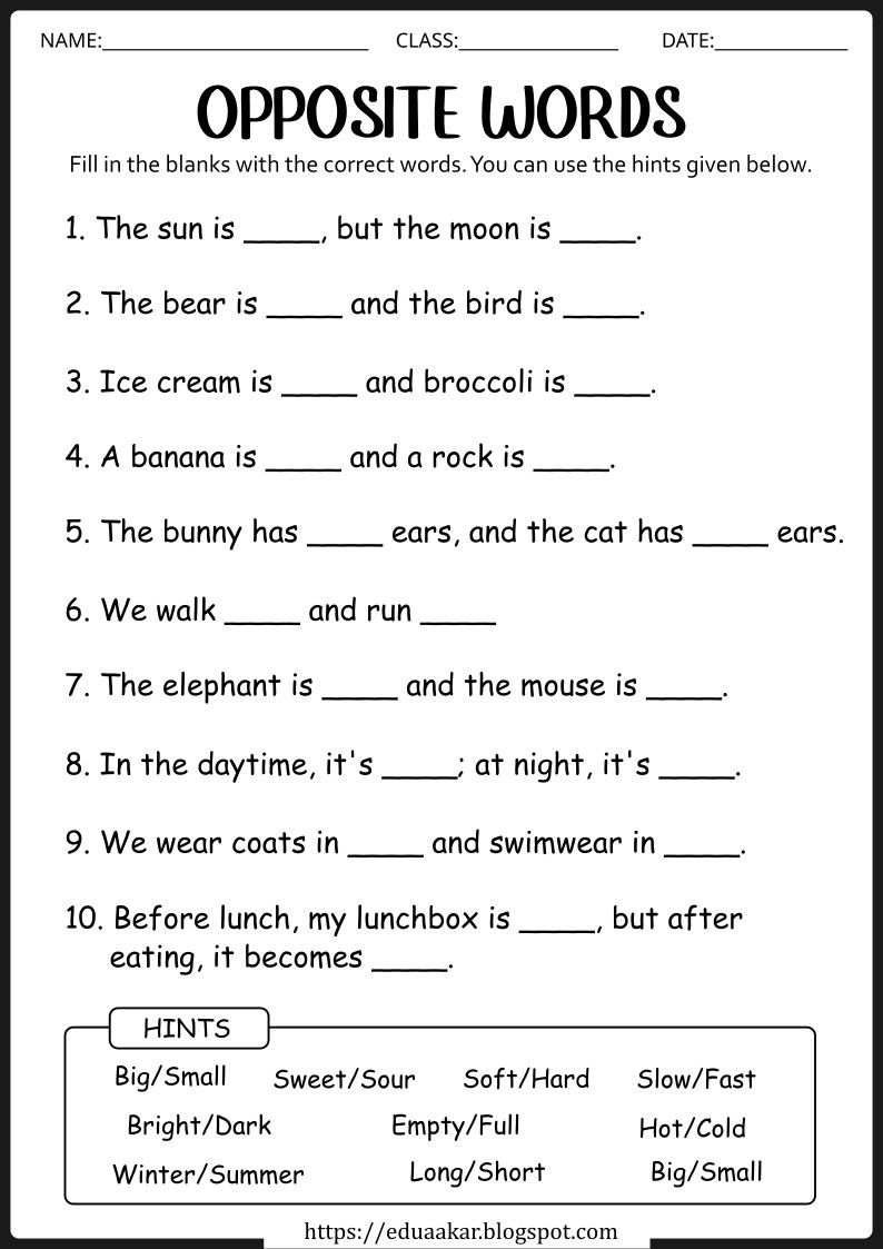 Opposite Worksheets and Activities for preschool Kindergarten