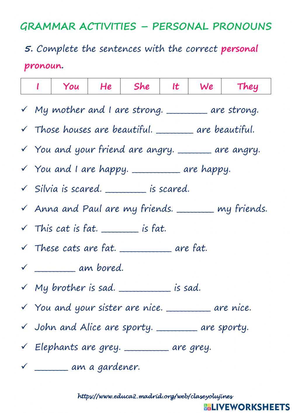 Personal Pronouns online exercise for Grade 3