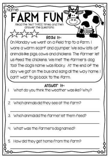 Reading Comprehension Passages - First Second Grade