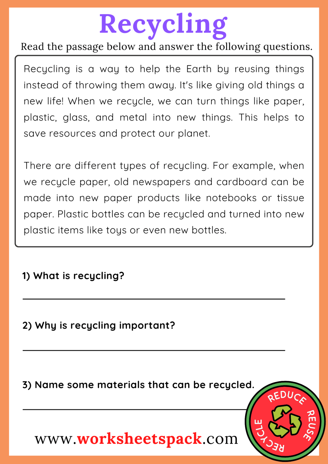 Recycling Reading Comprehension Passage - worksheetspack