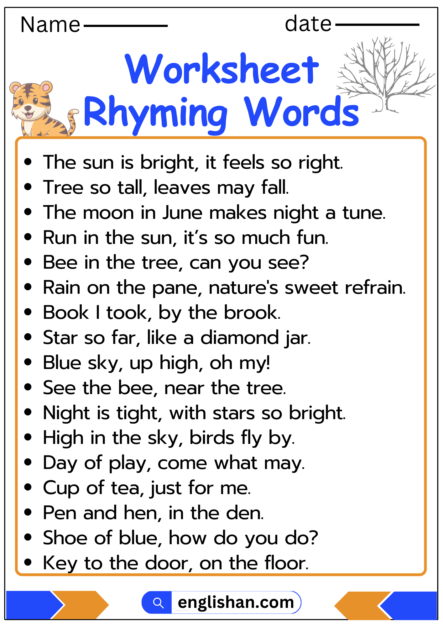 Rhyming Words Worksheet and Exercises with Answers in English