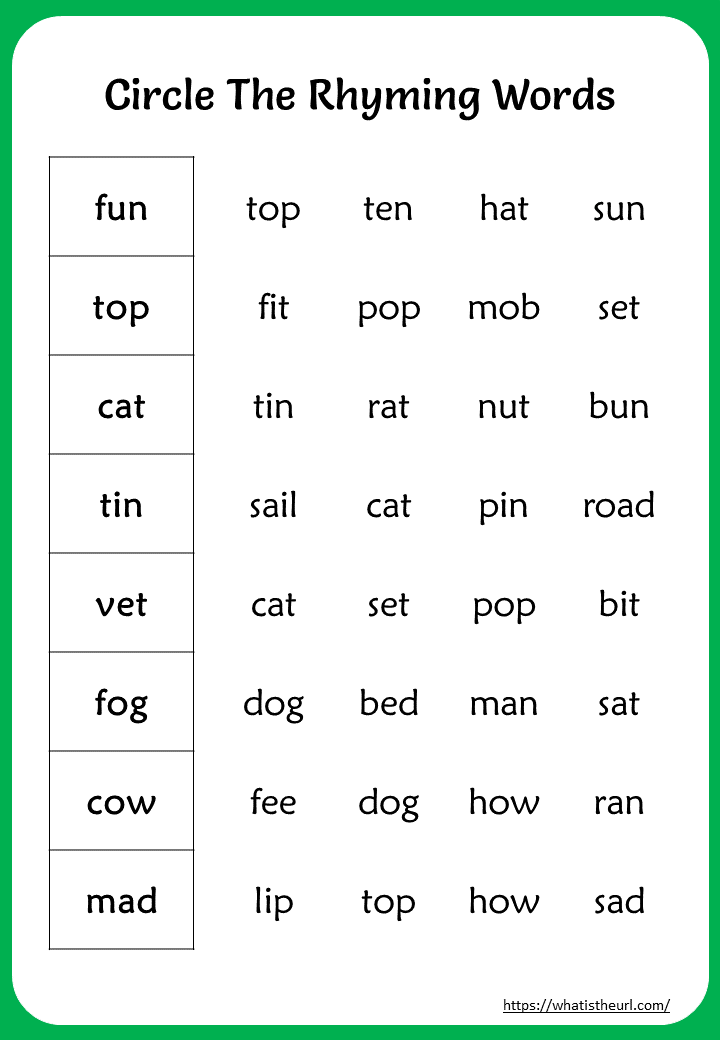 Rhyming Words Worksheet for KG Grade 1 and Grade 2 - Your Home Teacher