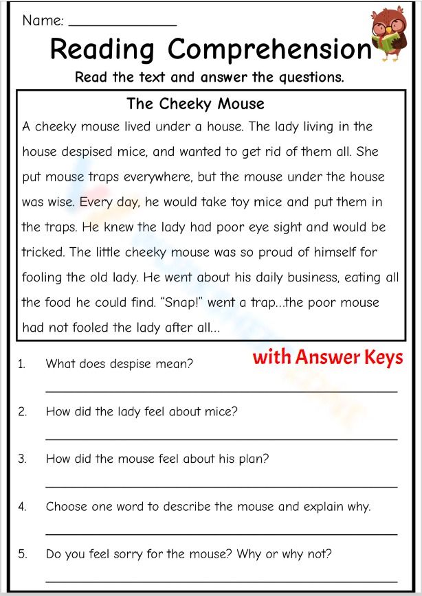 Short Story Reading Comprehension (The Cheeky Mouse) Worksheet with Answers (2 pages)