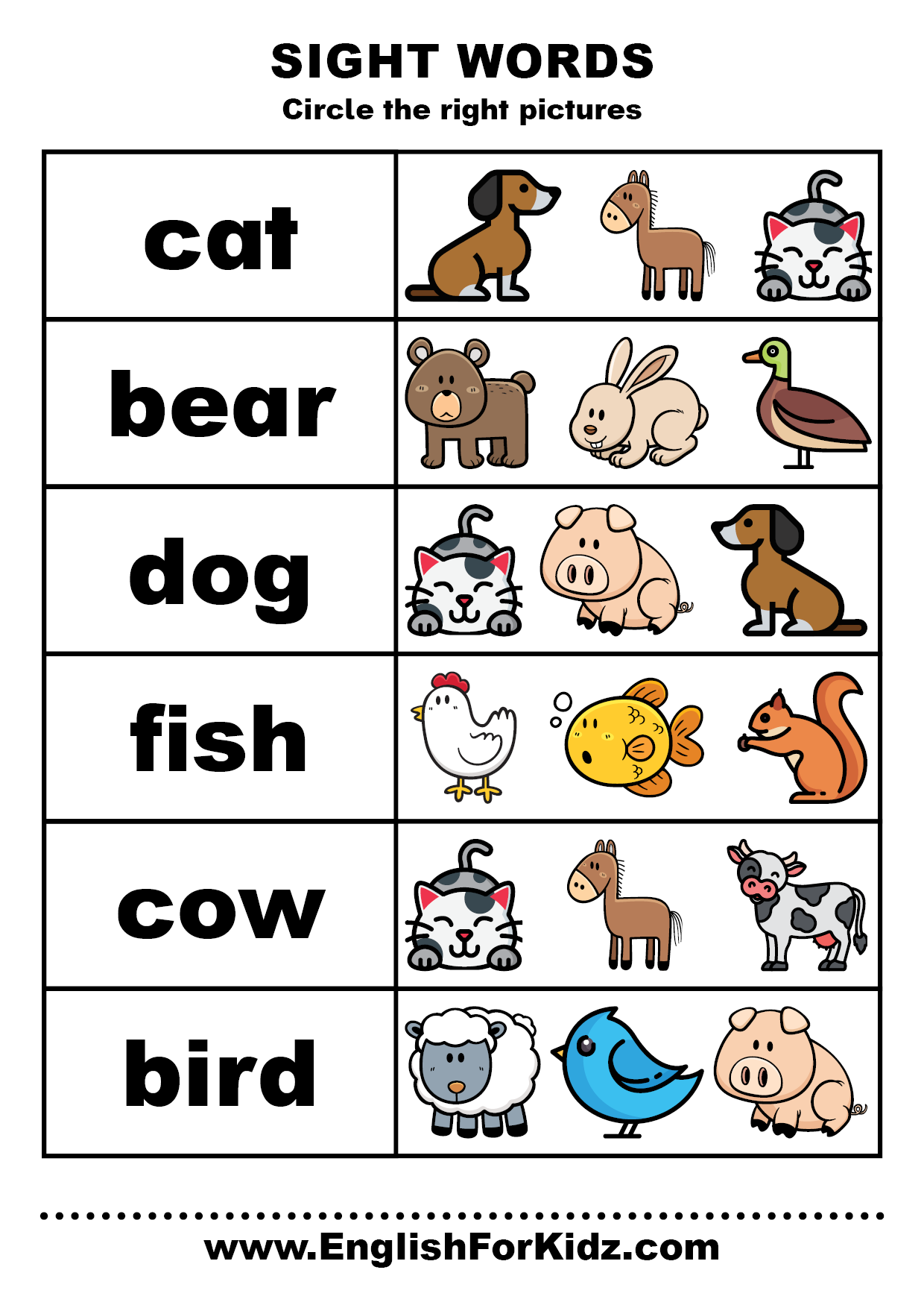 Sight words animals