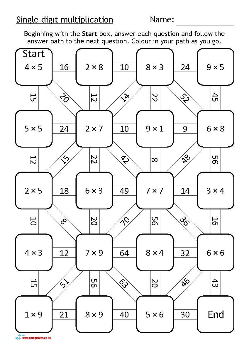 Single digit multiplication maths maze worksheet