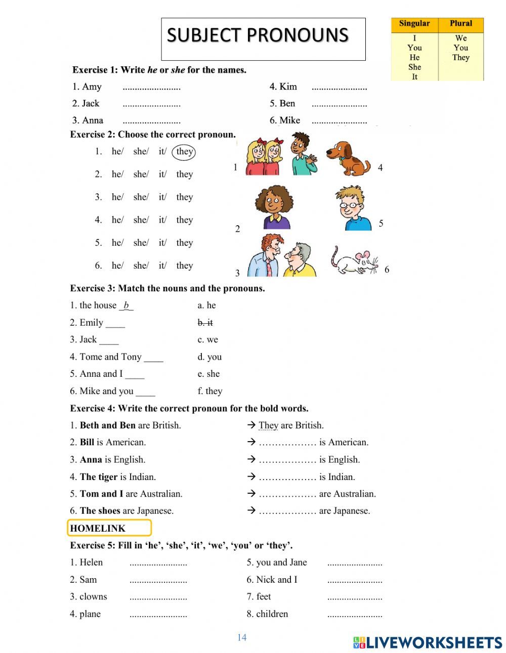 Subject Pronouns online exercise for Grade 3