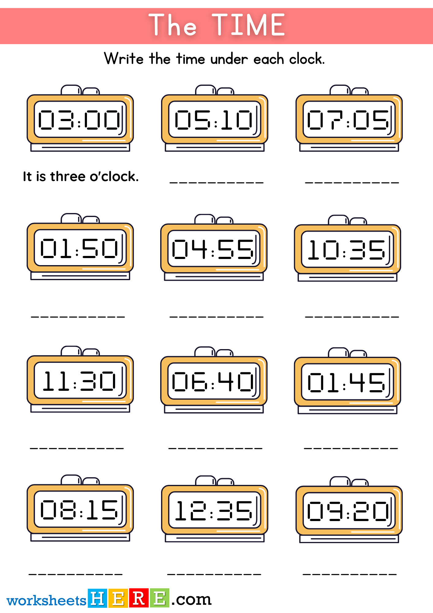 Telling The Time Write the Time Under Each Clock PDF Worksheet For Kids - WorksheetsHere.com