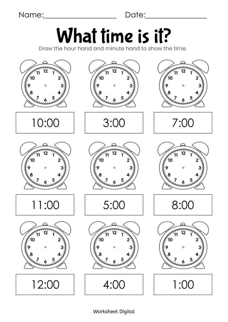 Telling Time Hour Clock Printable Educational Prints Kindergarten Readiness PDF Digital Download - E