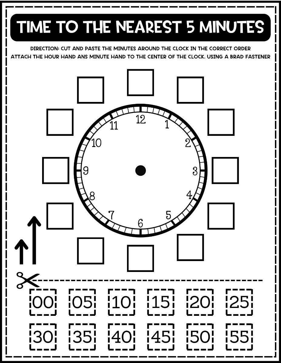 Telling Time to the Nearest 5 Minutes and Time to Hour | Cut and Paste Activity