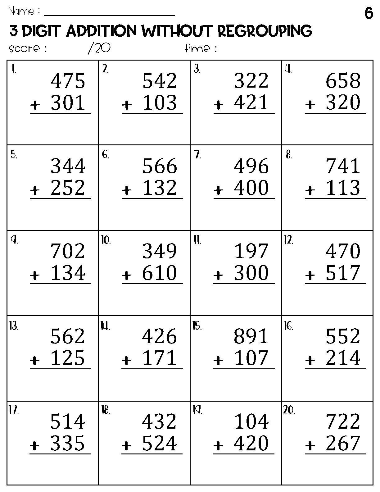 Three Digit Addition without Regrouping Worksheets