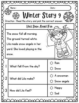 Winter Story Reading Comprehension Worksheets for Kindergarten and 1st Grade