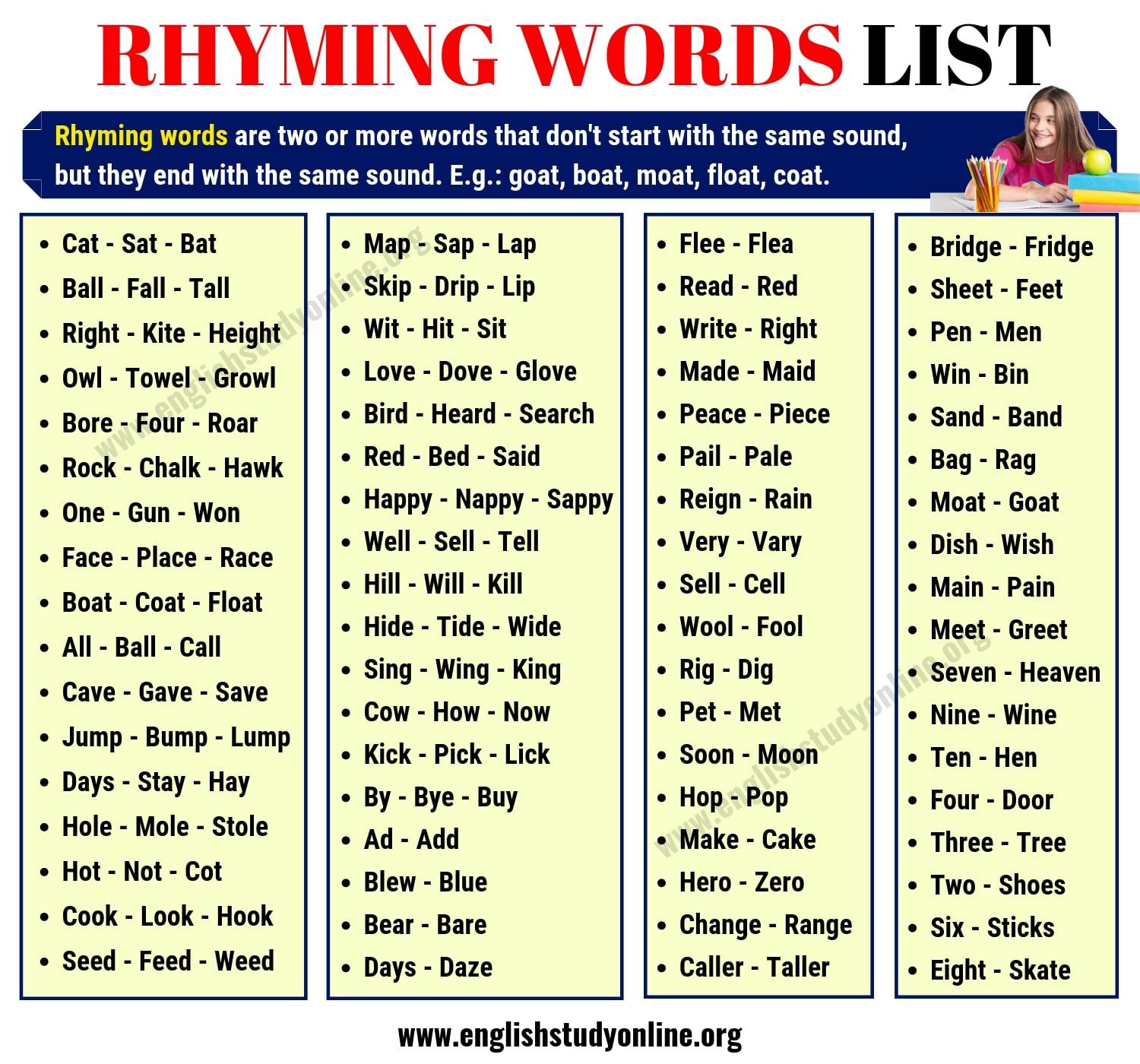 Words that Rhyme: Definition List of Rhyming Words and Examples